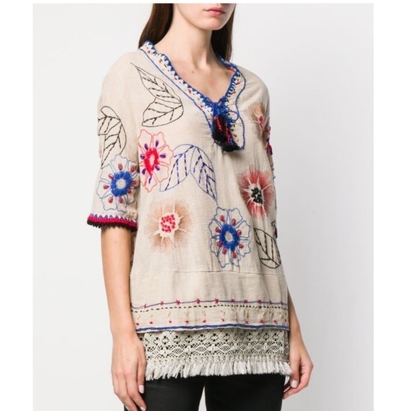 ANJUNA Azzurra Embroidered Linen blend Tunic Tassel Top - Picture 5 of 8